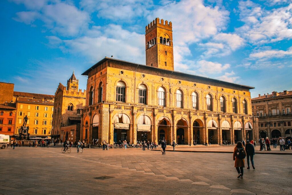 Palazzo d'Accursio tower Piazza Maggiore morning