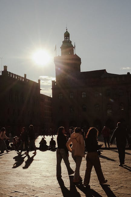 Piazza Maggiore twilight towers silhouette