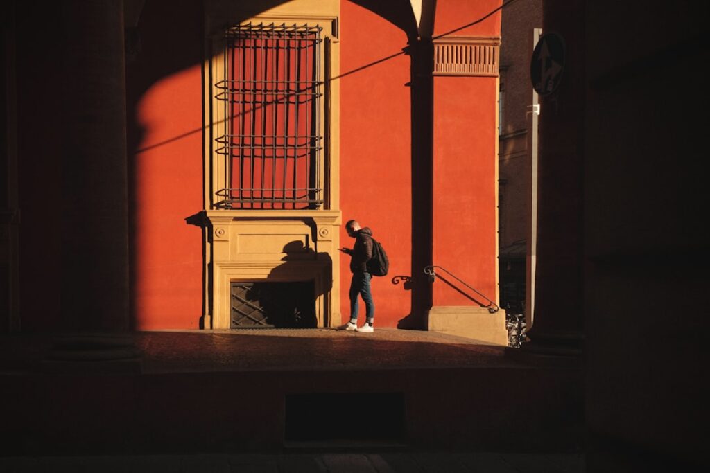 Porticoes Bologna street view sunny
