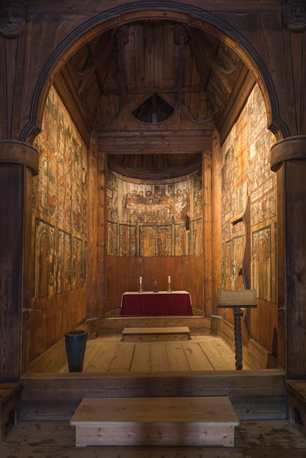 small medieval chapel fresco interior warm light